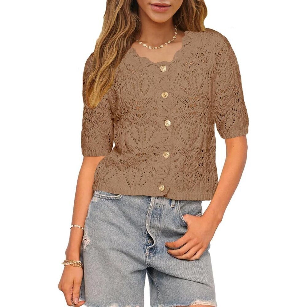 Womens Crochet Cardigan Short Sleeve Knit Summer Top Button Hollow Out Blouse